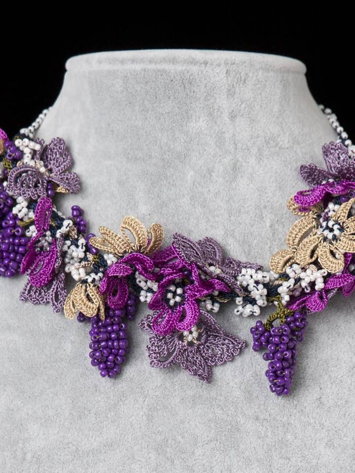 Bouquet Choker - Purple Magenta and Beige for wholesale by Meredith Strauss