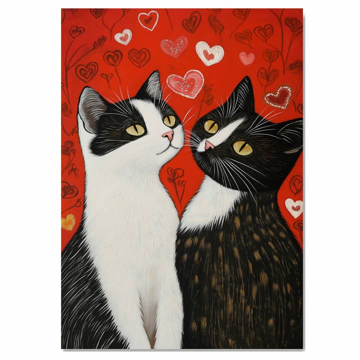 Romantic Tuxedo Cat Couple with Red Heart Background Canvas for wholesale by Art Paradise Studios