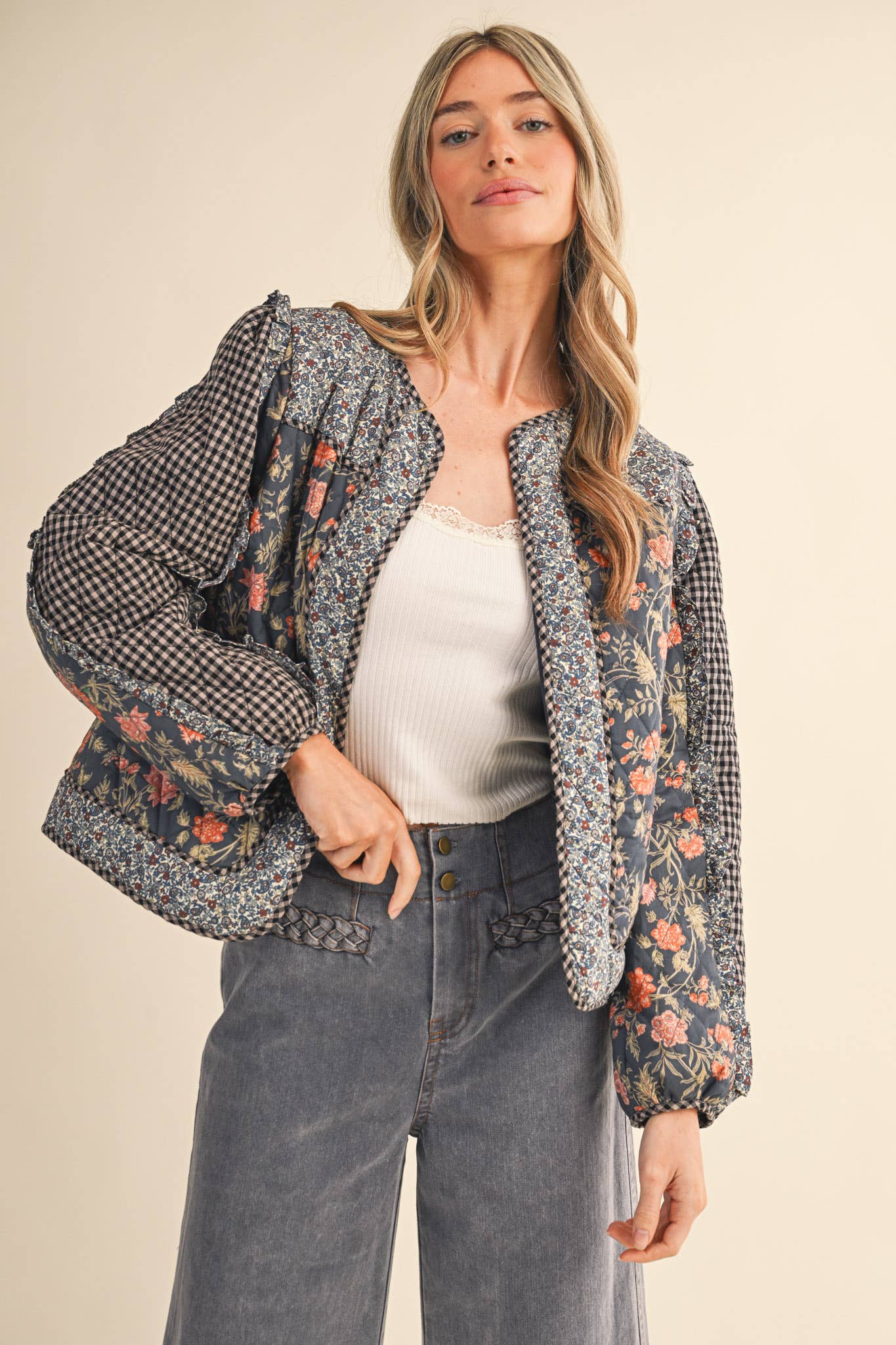 BURGUNDY MULTI MIXED PRINT QUILTED JACKET WITH RUFFLE TRIM MJK4531 for wholesale on Faire12