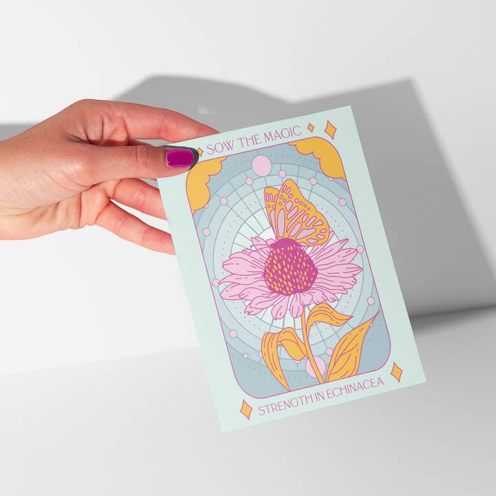 Sow the Magic - Wholesale Everyday Greeting Card - Strength in Echinacea Botanical Tarot Greeting Card
