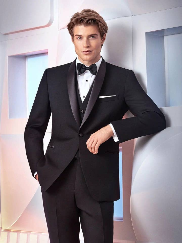 Mens Designer Braydon Vested Shawl Wedding Tuxedo in Black for wholesale by Alberto Nardoni
