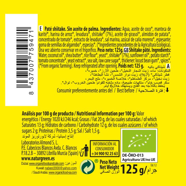 Laboratorios Almond S.L - Venta al por mayor Comida preparada de larga conservación - NaturGreen Paté Shiitake Bio 125 g