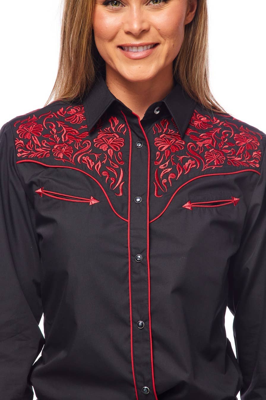 Rodeo Clothing - Vente Chemise à col boutonné – femme - Robe brodée à manches longues d'inspiration western pour femmes43