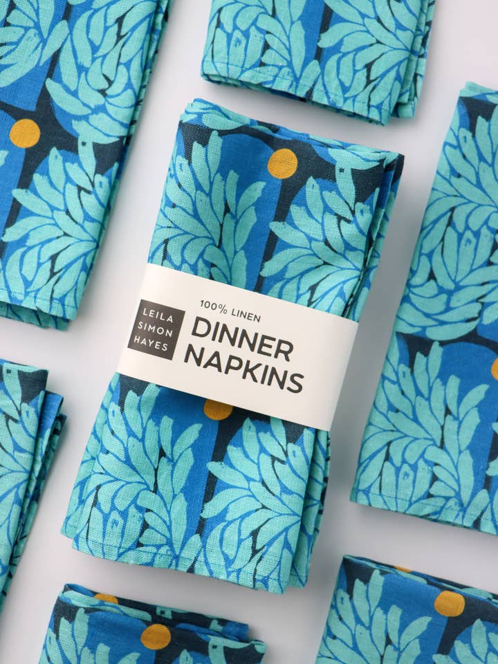 Murmuration linen napkin, blue, SET OF 4 for wholesale by Leila Simon Hayes