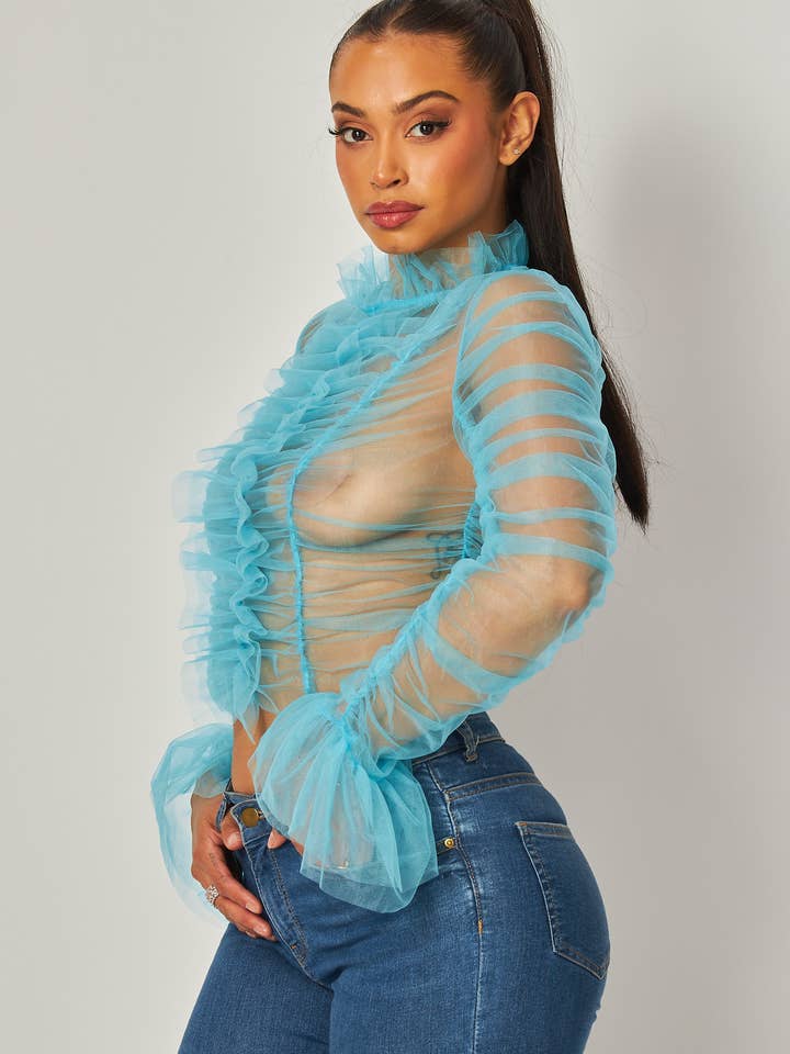 Hot & Delicious – Engroshandel Bluse - Dame – All Of Me Shirred Mesh Mock Hals Langærmet Top (HDT31460)6