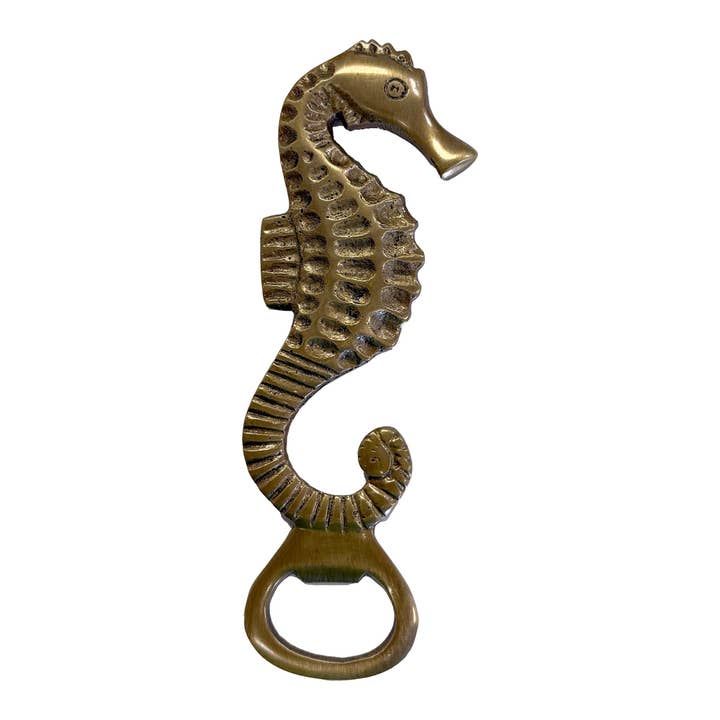 Antiqued Solid Brass Sea Horse Bottle Opener Barware, 6” for wholesale by Madison Bay Co. - Historical Home Decor Reproductions