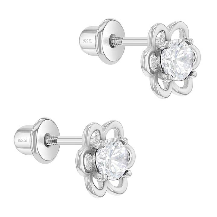 In Season Jewelry - Venta al por mayor Pendientes - Niños - Pendientes transparentes con forma de flor solitaria para niños y niñas, plata de ley