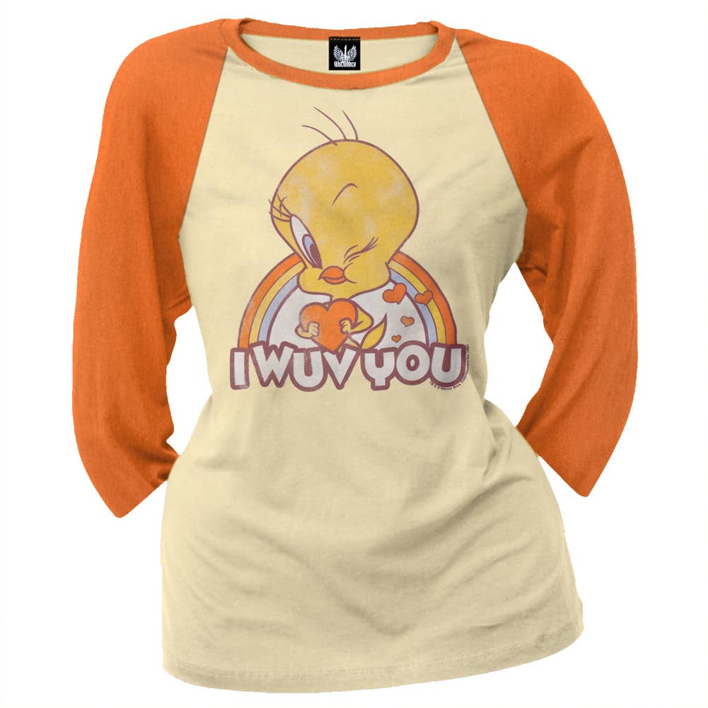 Official Store – wholesale Screen printed t-shirt – Women′s – Looney Tunes - Tweety I Wuv You Women's Juniors Raglan Tee0