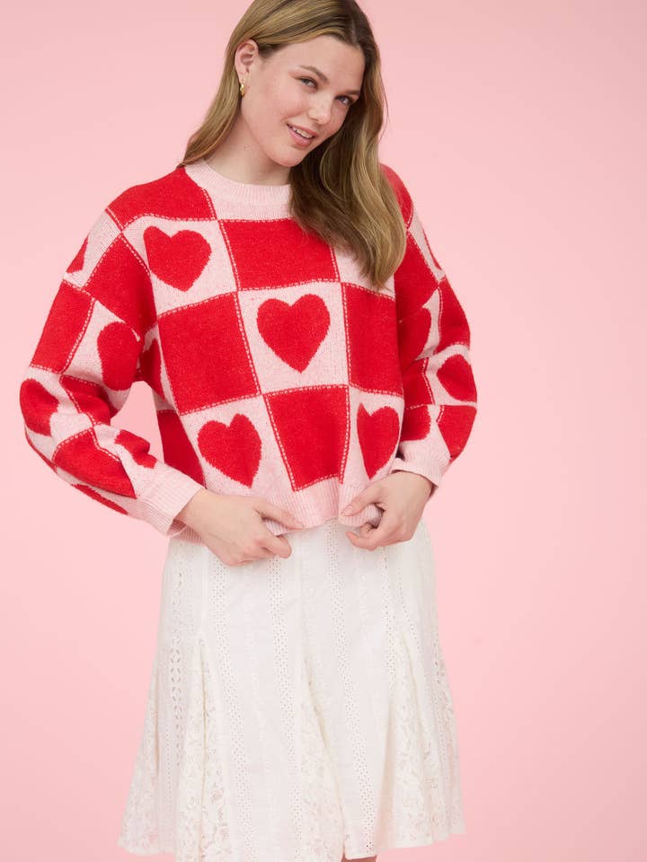 Blu Pepper - Wholesale Knit Sweater - Women's - HEART CHECKERED PATTERN CREW NECK KNIT SWEATER5