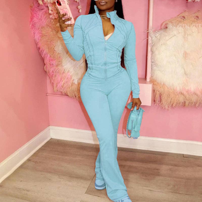 MB Fashion Wholesale - Vente Ensemble de vêtements d'intérieur – femme - ENSEMBLE DEUX PIÈCES À MANCHES LONGUES AVEC FERMETURE ÉCLAIR ET JAMBES ÉVASÉES HR240577