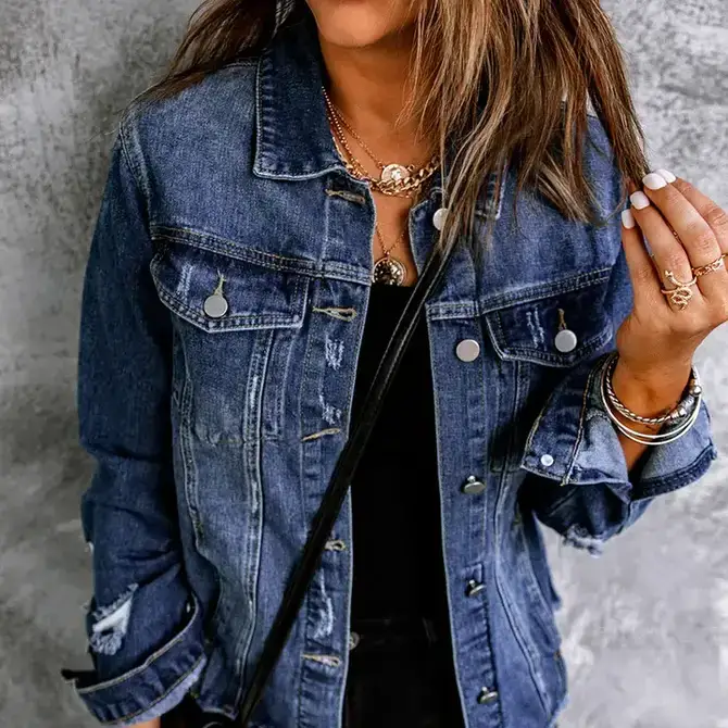 Katinki - Vendita all'ingrosso Giacca di jeans - Donna - Giacca di jeans blu effetto vissuto con orlo grezzo e bottoni12