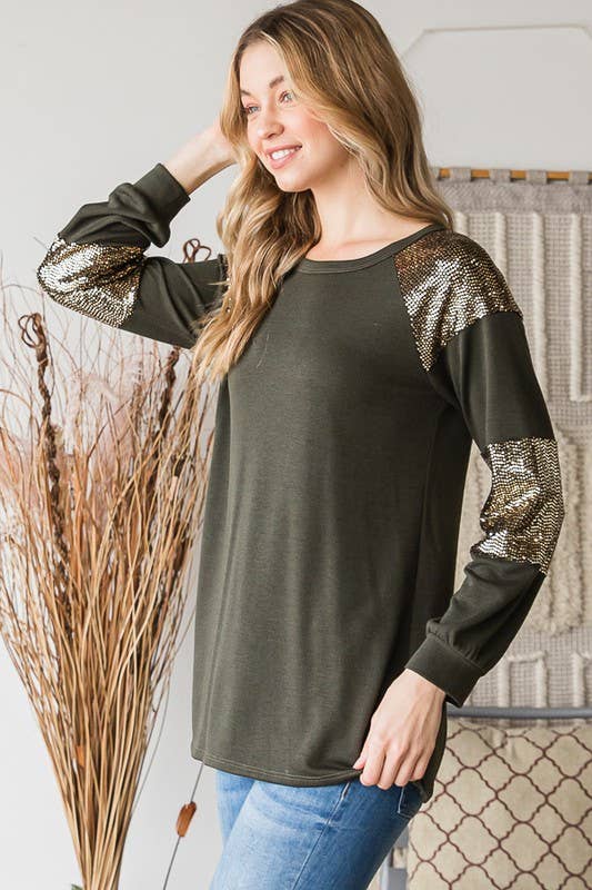 HEIMISH - Wholesale Tunic - Women's - ET6842-10 PUFF SLEEVE SOLID AND SEQUINS TOP3