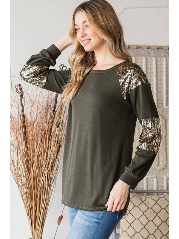 HEIMISH - Wholesale Tunic - Women's - ET6842-10 PUFF SLEEVE SOLID AND SEQUINS TOP3