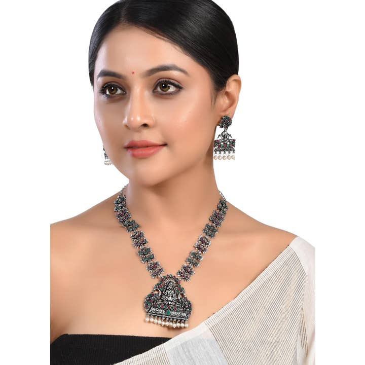 Antique Oxidised German Silver Temple Jewelry Set for wholesale by Vastrabhushan