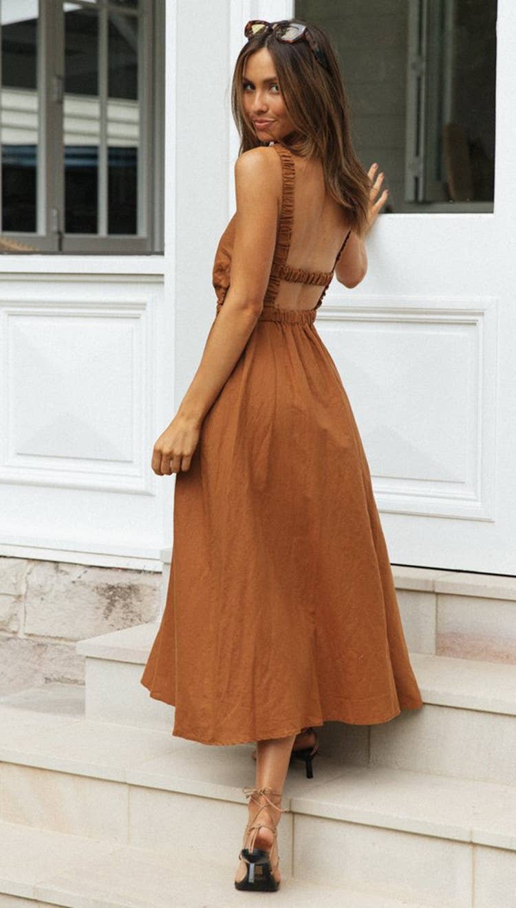Brown Ladies Elastic Strape Back Sleeveless Midi Dress 993 for wholesale on Faire3