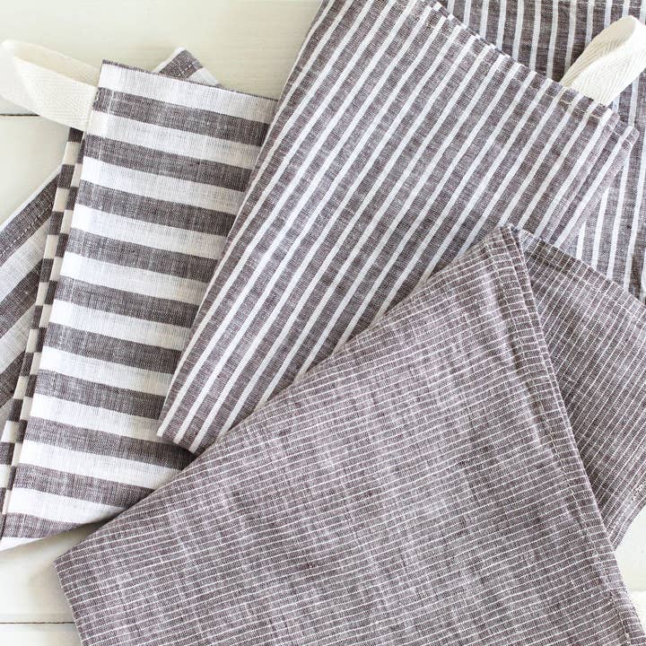 My Kitchen Linens - Wholesale Tea Towel - Brown Striped Linen Cotton Tea Towel - Set of 3