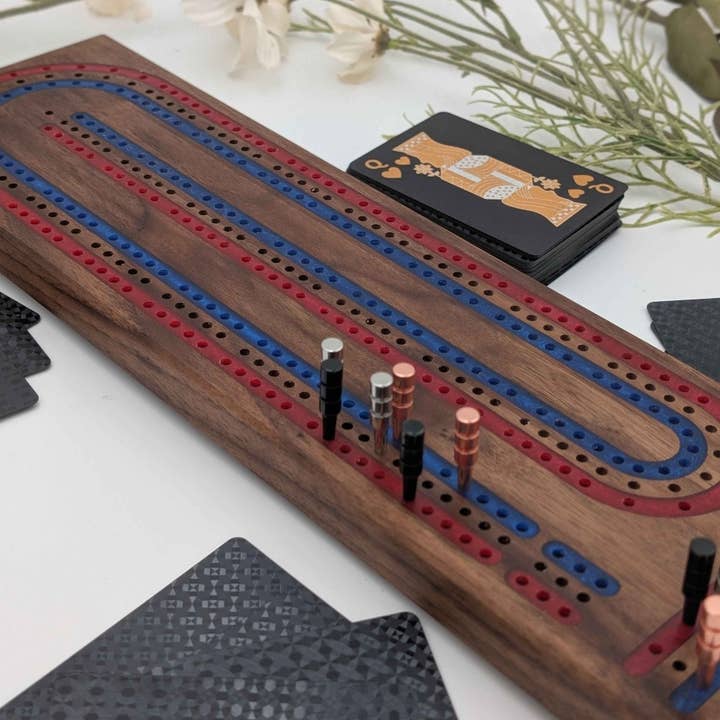 Premium Cribbage Board - Multi Lane Scarlet Red and Navy Blue Inlay for wholesale by EBONWOOD