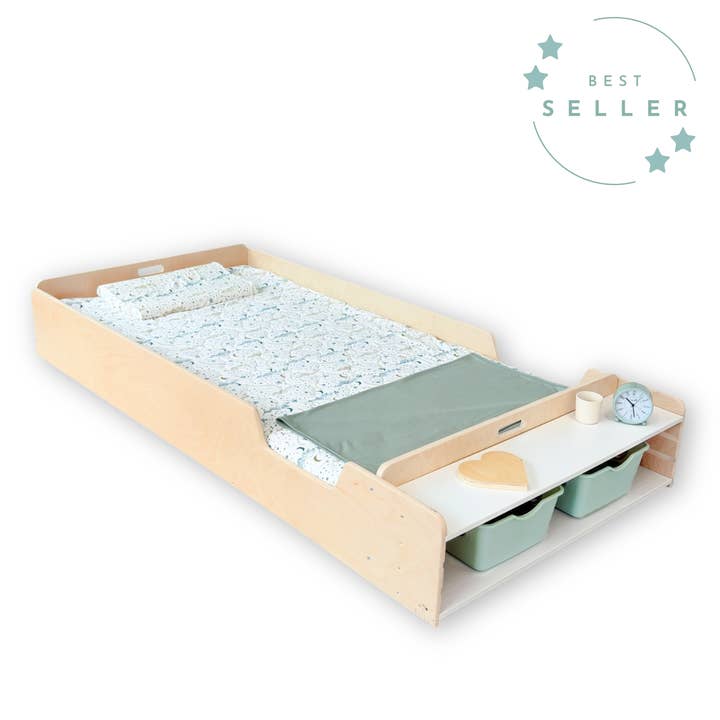 APPLE TWIN - Montessori Floor Bed with Rails & Shelves for wholesale by Sapiens Child