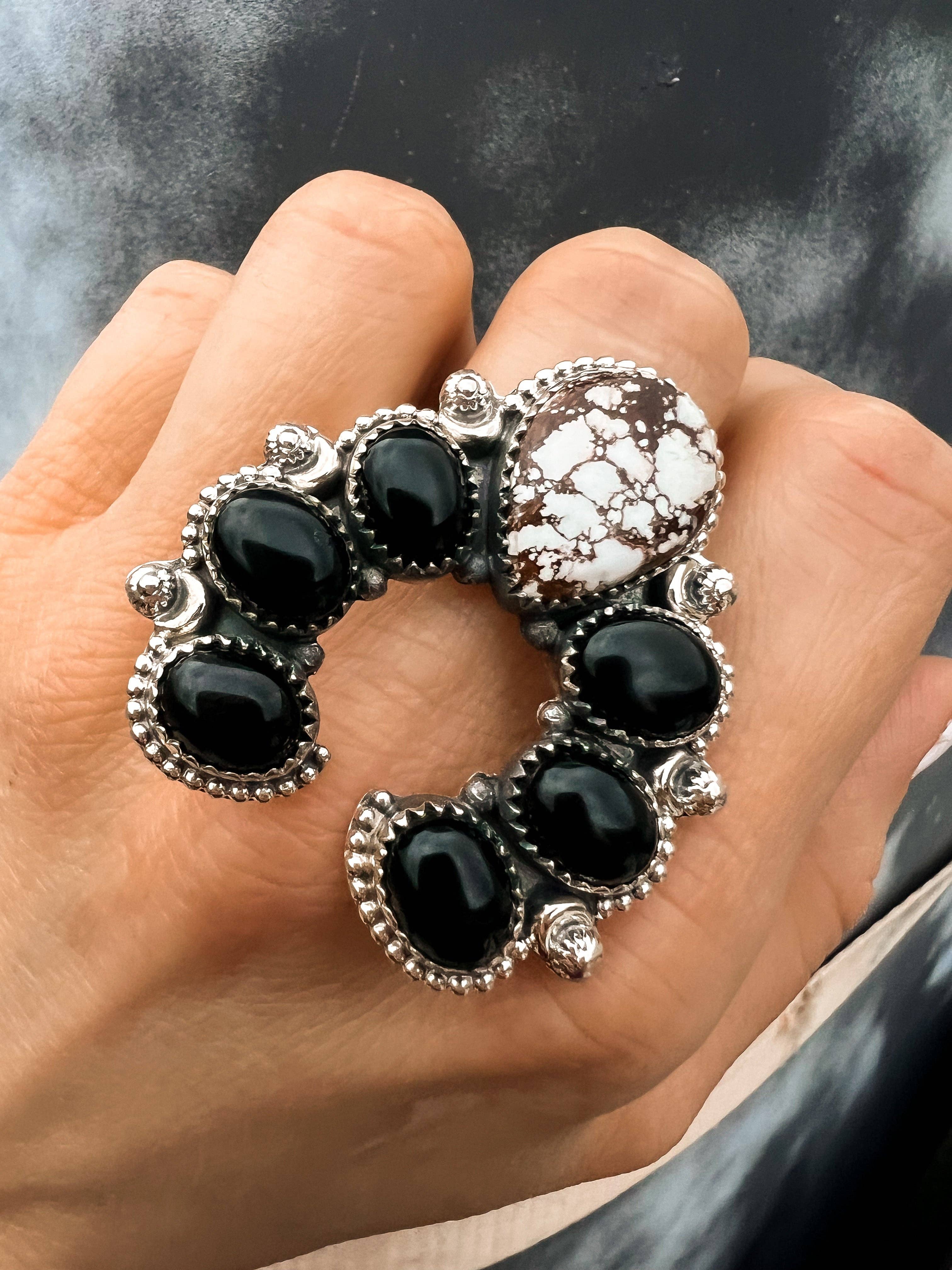 Krush Kandy – Anel de cocktail/declaração por atacado – Anel em Prata Esterlina Squash Blossom Horseshoe | Várias opções de pedra!5