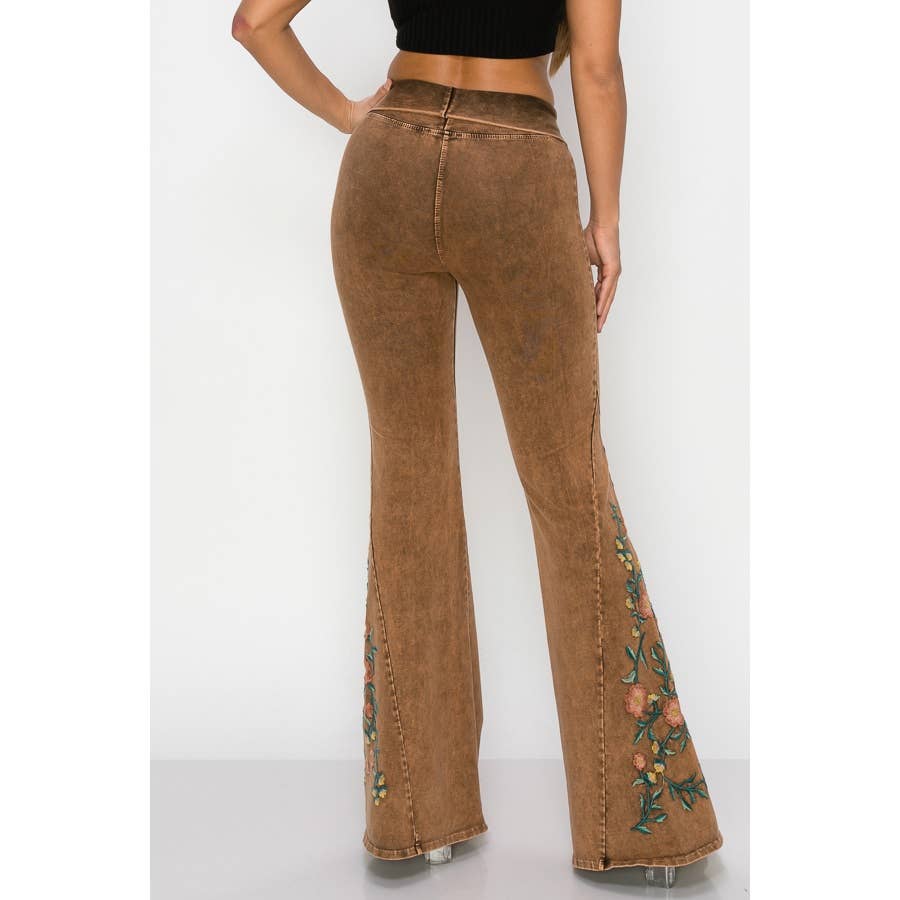 CAMEL Mineral Wash Floral Embroidery Flare Pants for wholesale on Faire2