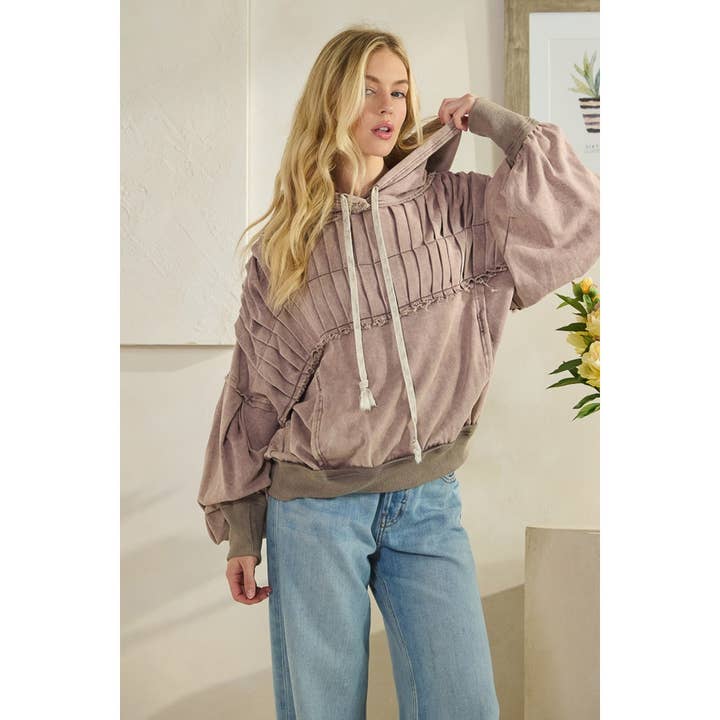 WASHED QUILTED DETAIL HOODED PULLOVER TOP for wholesale by Oli&Hali