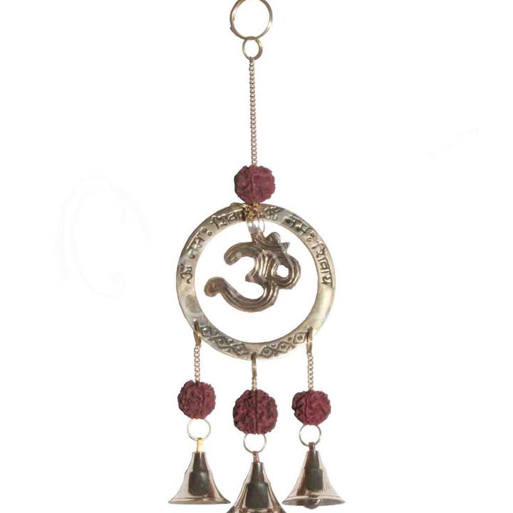 Oceanic Linkways Inc - Wholesale Meditation Supplies - (PC)HANGING - OM WITH RUDRASHKA & BELLS 11"