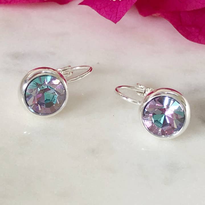 Silberohrringe mit violettem und blauem Kristall für den Großhandel von Love Bird Fashion Accessories