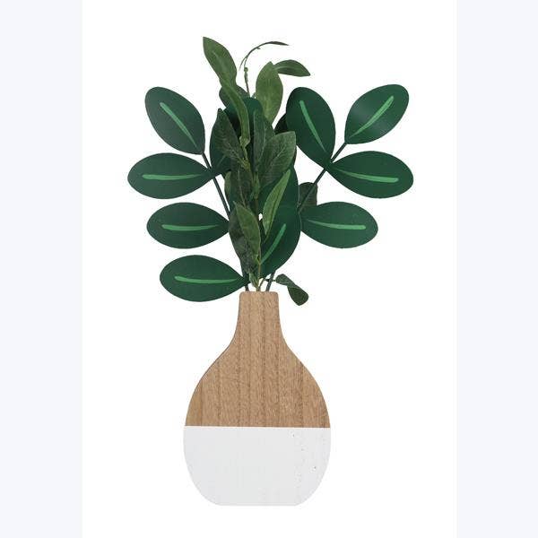 Wood Vase Wall/Tabletop Deco W/Wood Leaves & Artifical for wholesale by Young's