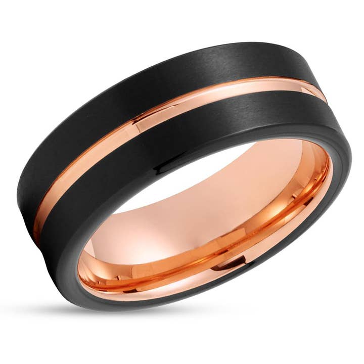 Fede nuziale in tungsteno in oro rosa - Anello in tungsteno nero - Uomo e donna - Anello nero per la vendita all'ingrosso da parte di Lucky Love Rings
