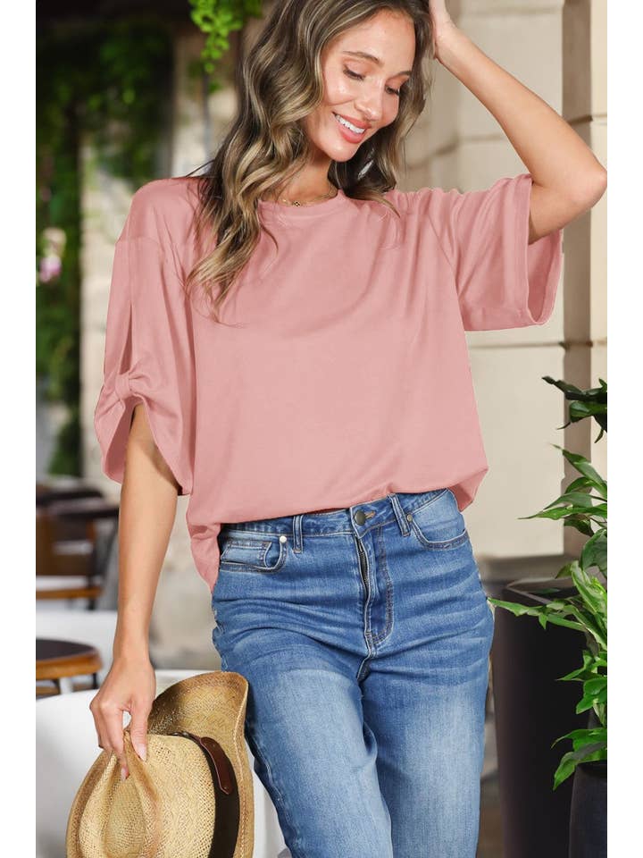 Vine & Love - Wholesale Blouse - Women's - Tie Accent Sleeve Soft Casual T-Shirt Top VT8290735