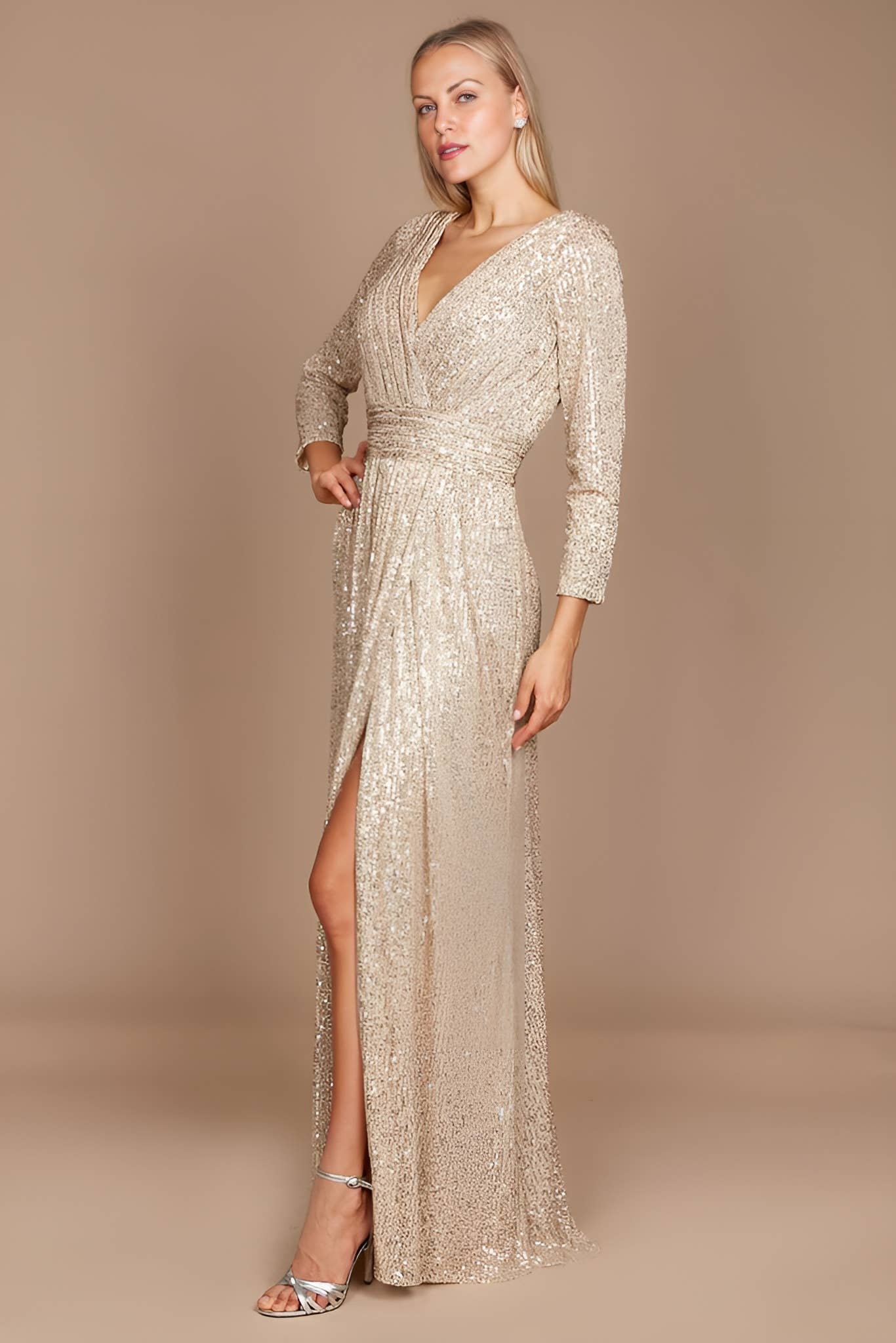 Kos Couture - Wholesale Gown - Women's - Long Sleeve Sequin Formal Hand Beaded Dress 12