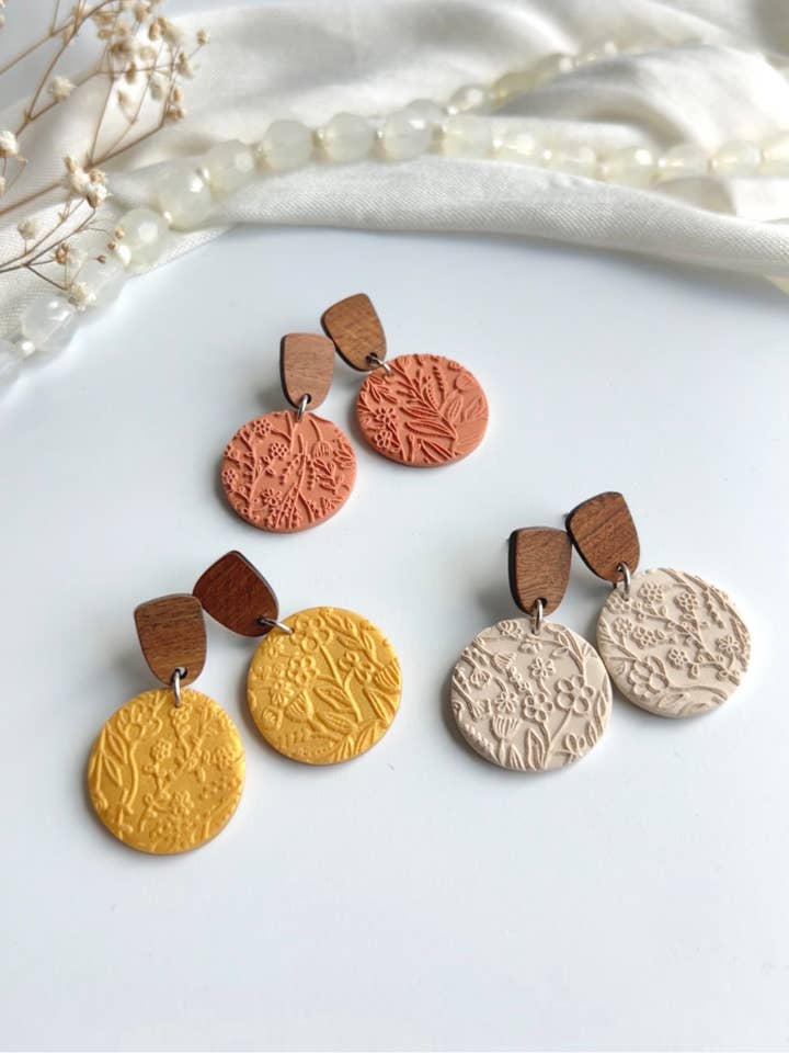 Handmade Polymer Clay Earrings with Wood Posts for wholesale by Rosa Paulina Designs