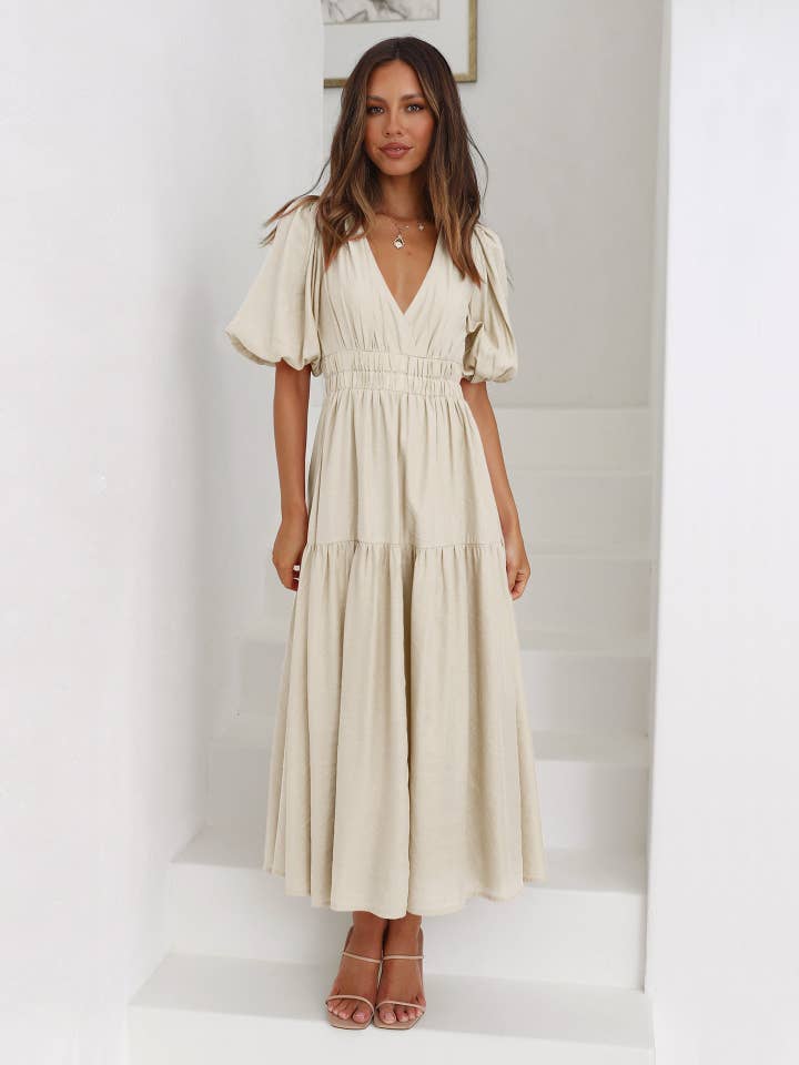 Sweetkama - Wholesale Dress - Women's - Ladies Bubble Sleeves V-Neck Daily Midi Dress GQRM