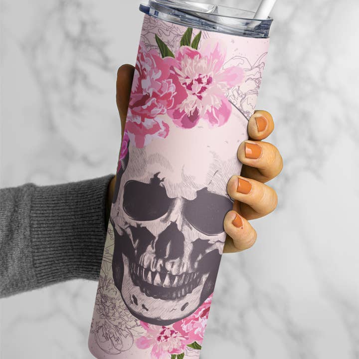 Sugar skull* 20 Ounce tumbler with Metal Straw for wholesale by Flaming Profanities