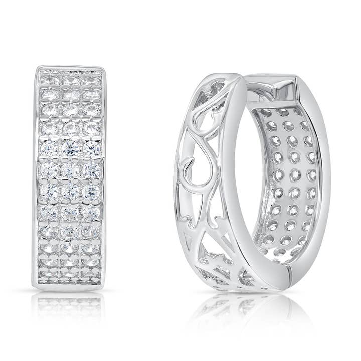 Sterling Silver Triple Row CZ Huggie Earring - 16MM for wholesale by NY Gold & Silver Trading Inc.