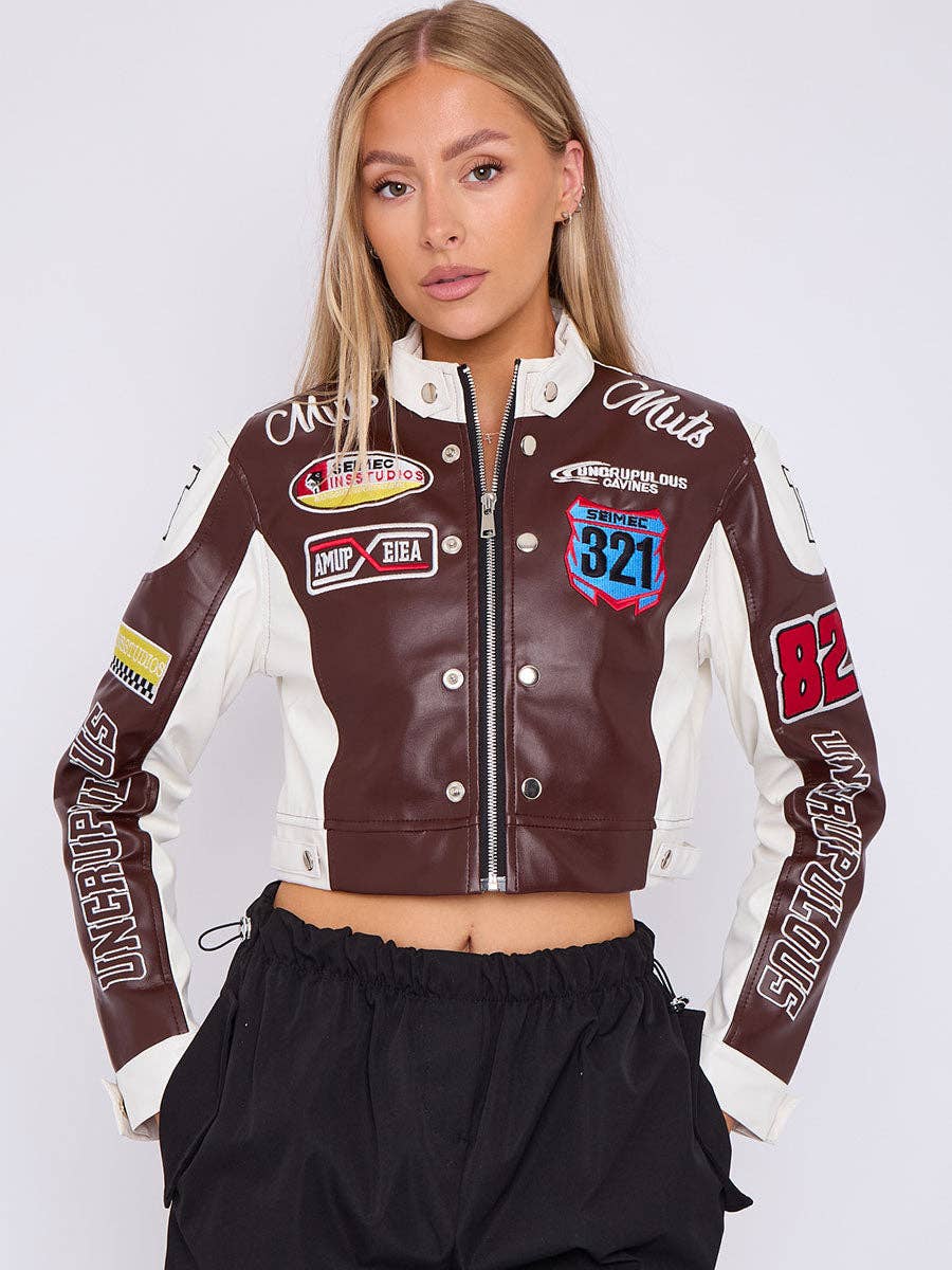 Stylewise Direct – wholesale Leather jacket – Women′s – Colour Block Embroidered Vintage PU Biker Jacket4