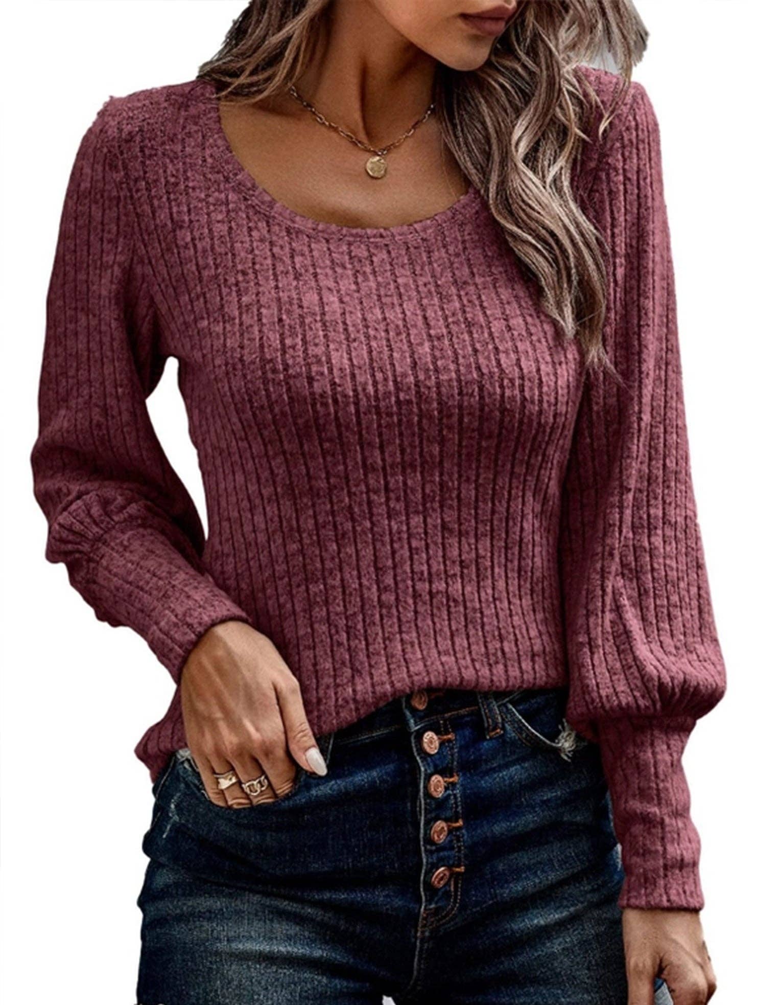 Lovenne - Wholesale Knit Top - Women's - PIT STRIP SHAVED ROUND NECK LANTERN SLEEVE TOP3