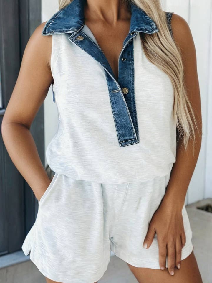 LAS-LIVE Denim Patchwork Polo Elastic Waist Romper (S-XL) for wholesale by LA Society