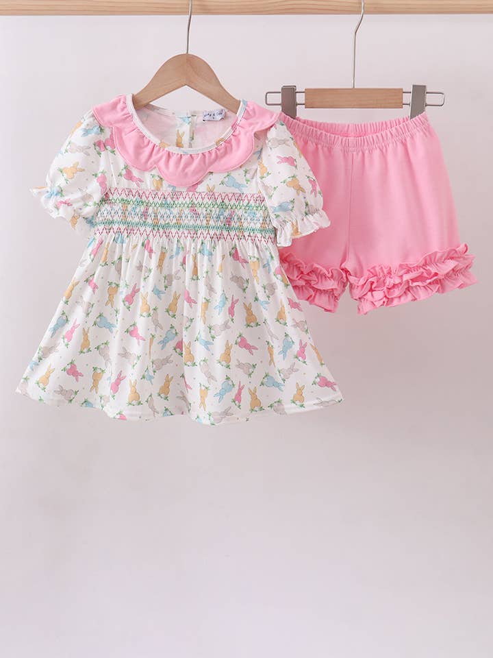 Pink bunny smocked ruffle shorts set for wholesale by Aspen Rain Boutique