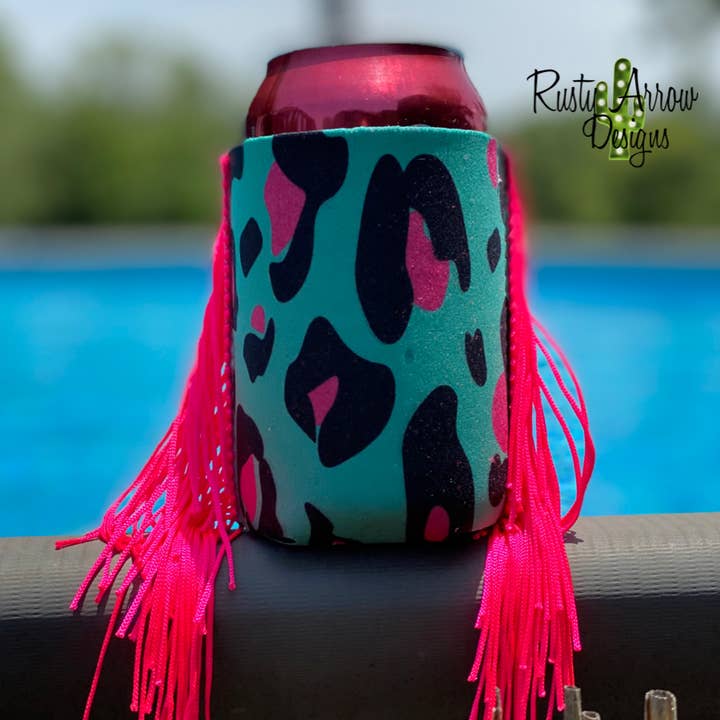Regular Turquoise and Hot Pink Cheetah Fringe Koozie for wholesale by RAD Wholesale