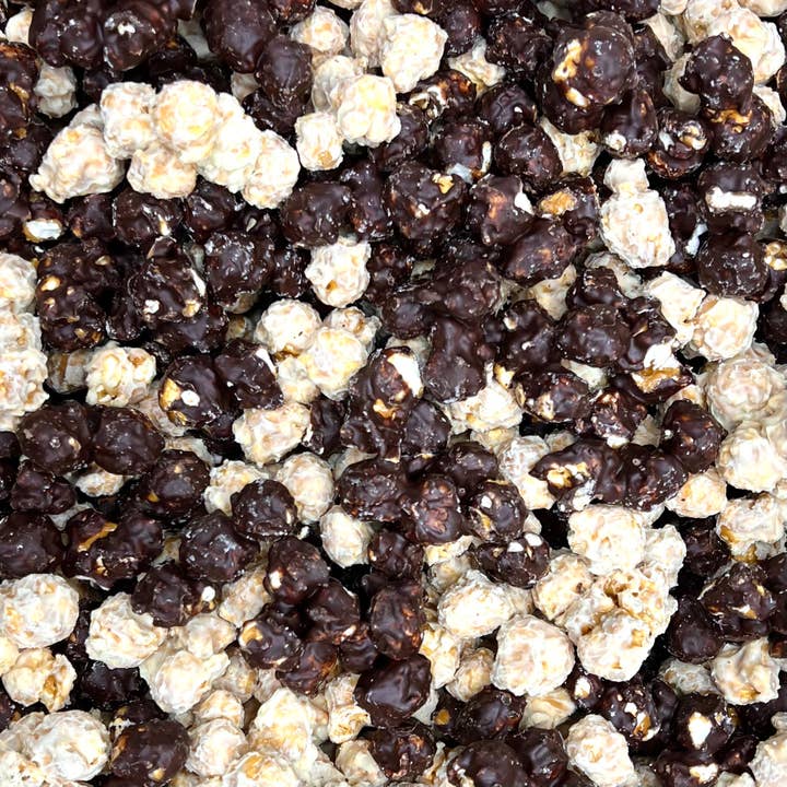 Tuxedo Caramel Corn – White & Dark Chocolate Drizzle for wholesale by Fruit and Nut Co.