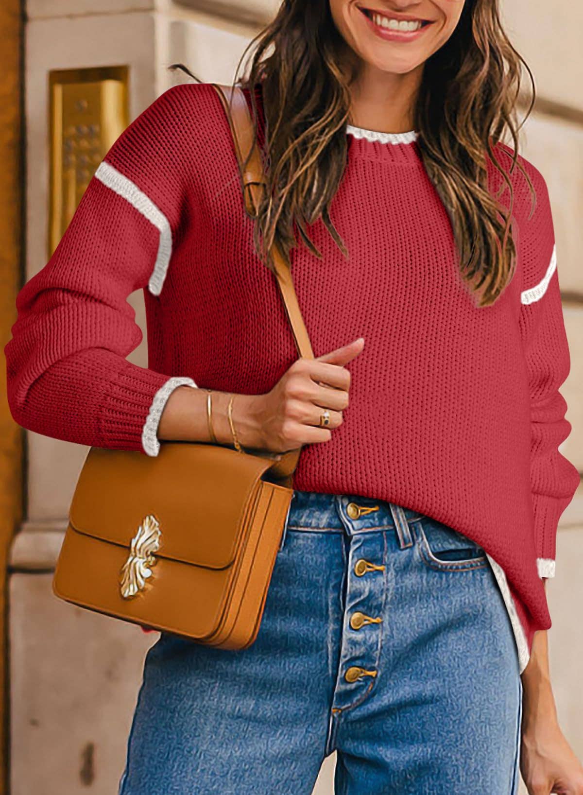 Anna Kaci Wholesale - Wholesale Knit Sweater - Women's - Crew Neck Knit Sweater with Red Trim Detail and Long Sleeves7