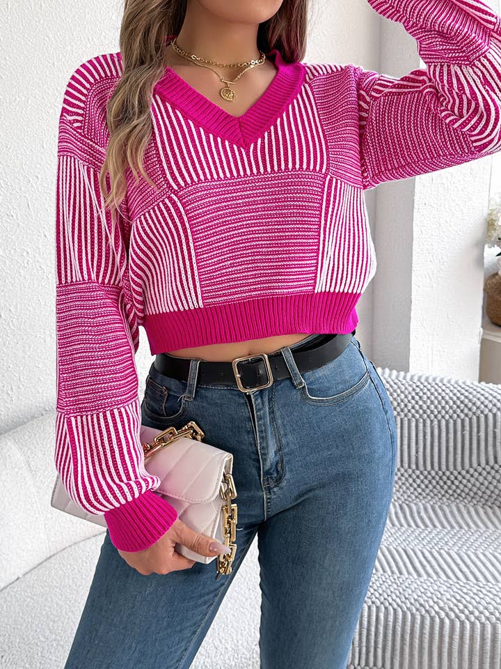 Rosa Clothing - Wholesale Knit Sweater - Women's - Casual Striped Balloon Sleeve Pullover Crop Sweater2