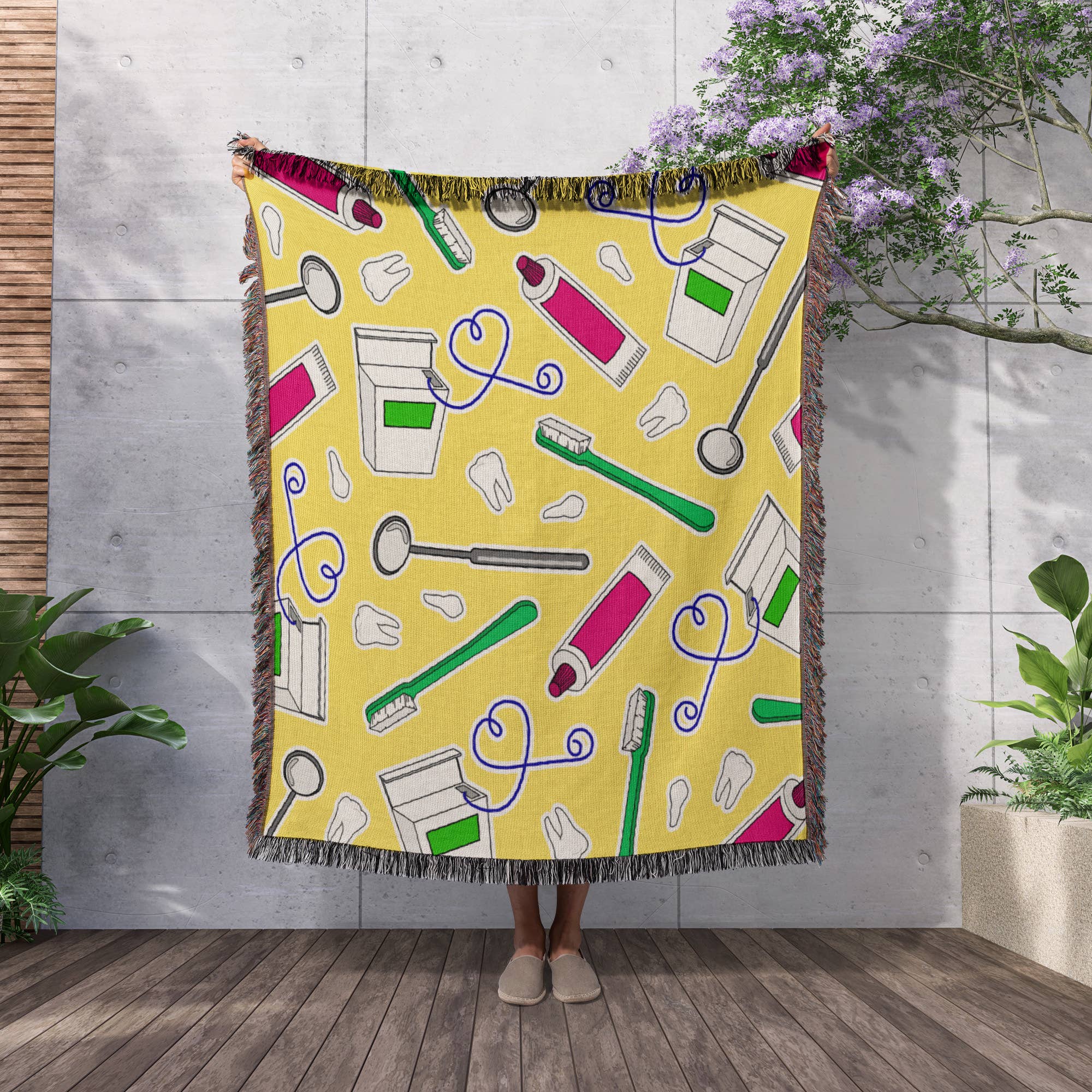 3dRose - Wholesale Throw Blanket - 3dRose, Cute Dentist Dental Hygienist Print Yellow, Blanket2