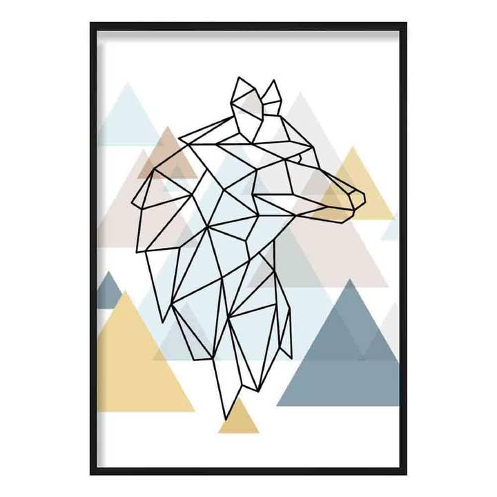 Poster Géométrique Tête de loup regardant vers la droite Bleu, Jaune, Beige pour la vente par Artze Wall Art