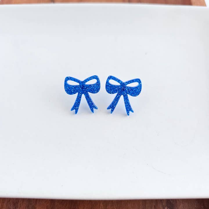 Spiffy & Splendid - Wholesale Stud/Post Earrings - Bow Studs - Blue Glitter // Game Day Earrings