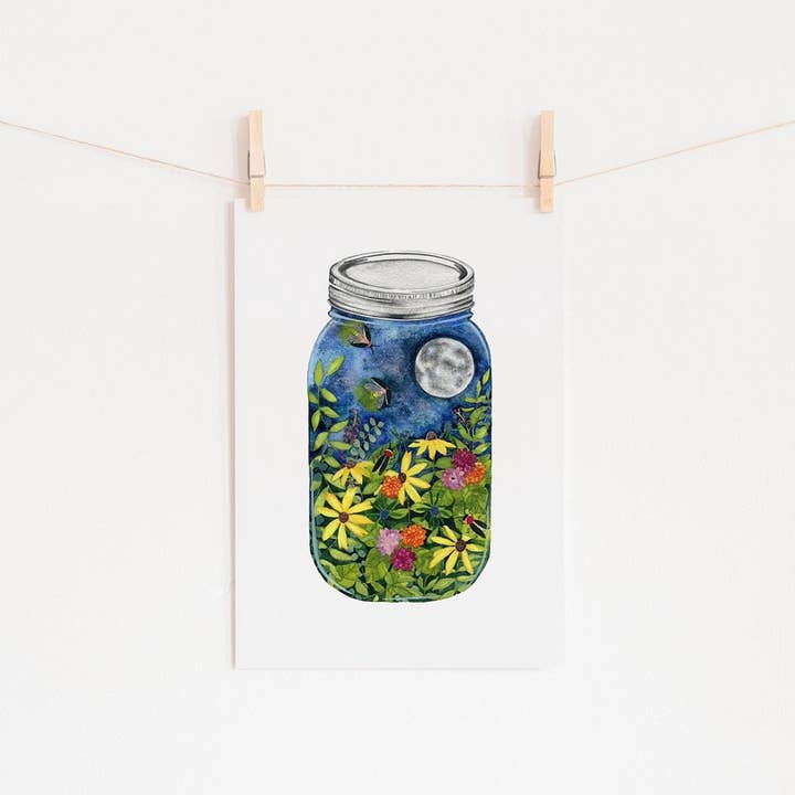 Firefly Art Print Of Mason Jar Painting, Lightening Bug Lake House Decor for wholesale by Candace Fincher