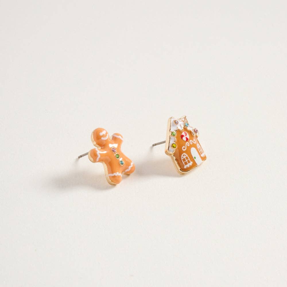Gold Gingerbread Man House Rhinestone Post Earrings for wholesale on Faire1