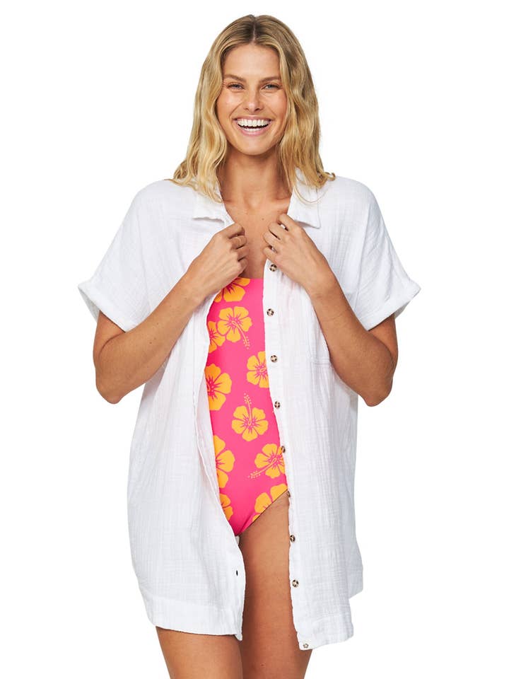 Womens - Swim One Piece - Revo Joni - Reversible Hibiscus Melon Pink / Melon Pink Stripe for wholesale by Okanui