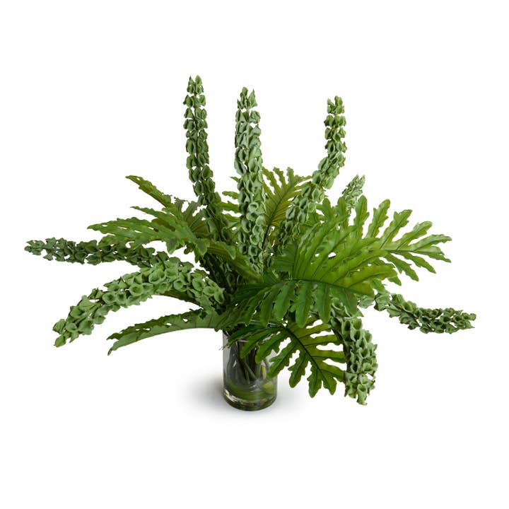 Bells of Ireland & Philo Selloum in Glass 40"H for wholesale by New Growth Designs